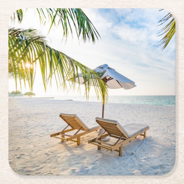 Posavasos Cuadrado De Papel Puesta del sol asombrosa de la playa (Anverso)