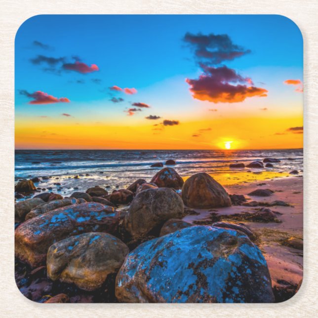 Posavasos Cuadrado De Papel Puesta del sol en el mar (Anverso)