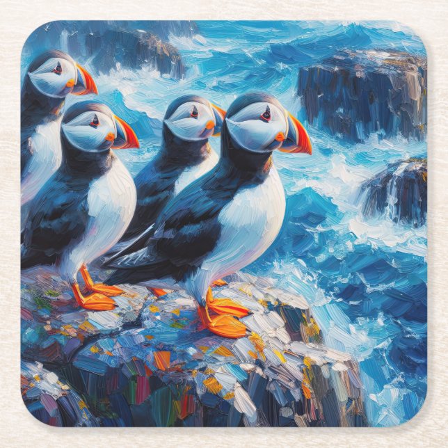 Posavasos Cuadrado De Papel Puffins (Anverso)