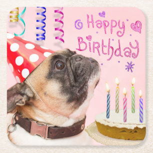 Posavasos Cuadrado De Papel Pug de fiesta y pastel de cumpleaños lindo