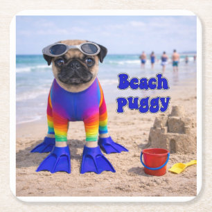 Posavasos Cuadrado De Papel Pug de Playa