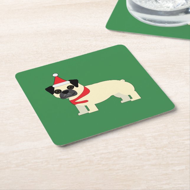Posavasos Cuadrado De Papel Pug de Santa (En perspectiva)