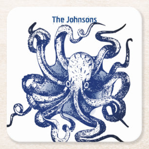 Posavasos Cuadrado De Papel Pulpo azul