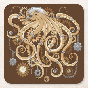 Posavasos Cuadrado De Papel Pulpo Steampunk Retro Fantasía Mecánica