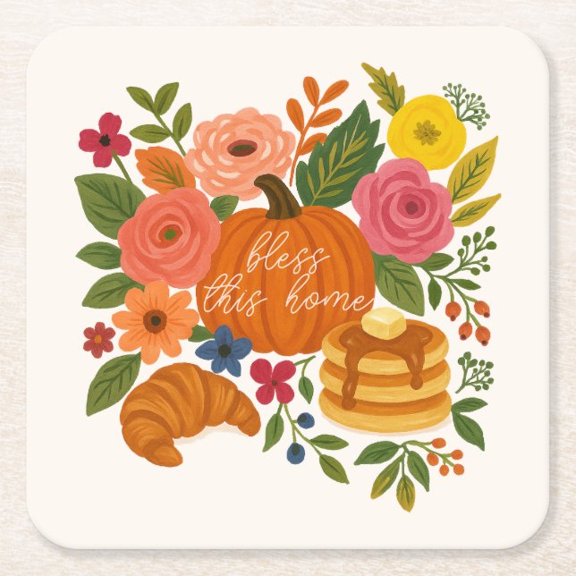 Posavasos Cuadrado De Papel Pumpkin Floral Bless This Home Coaster Fall (Anverso)