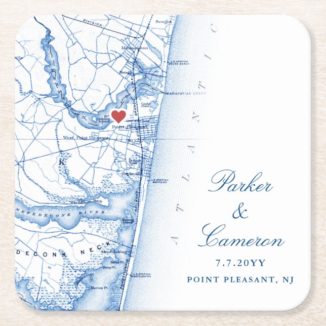 Posavasos Cuadrado De Papel Punto Agradable Mapa NJ Boda Favor Marina Azul (Anverso)