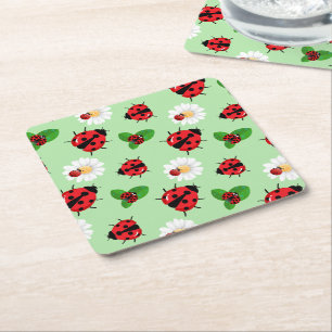 Posavasos Cuadrado De Papel Punto de polka rojo lindo Ladybug Daisy flor veran