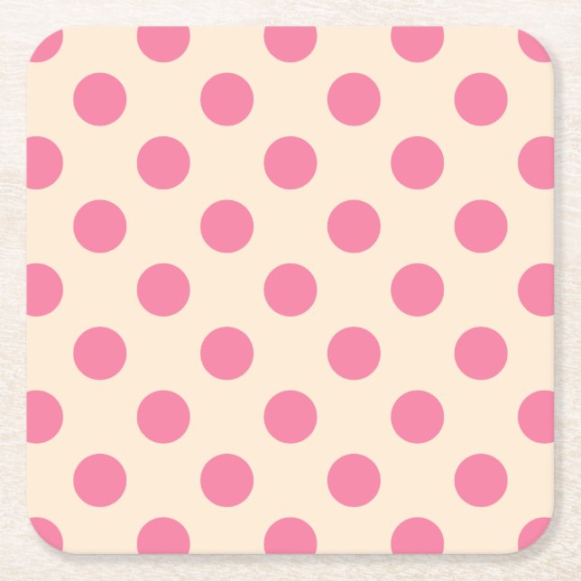 Posavasos Cuadrado De Papel Punto de polka rosa sobre crema (Anverso)