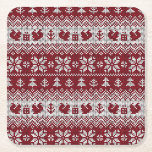 Posavasos Cuadrado De Papel Punto, Navidades, ardillas, patrón vintage.