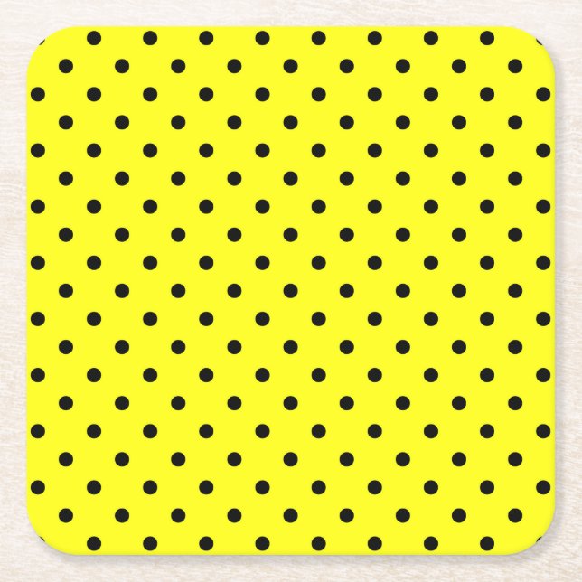 Posavasos Cuadrado De Papel Punto negro de polka amarillo (Anverso)