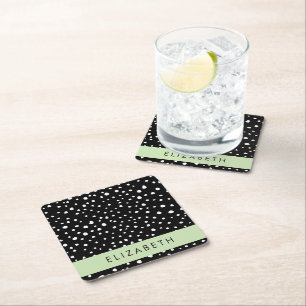 Posavasos Cuadrado De Papel Puntos dálmatas, puntos, negro y blanco, tu nombre