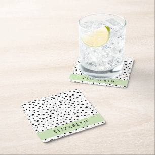 Posavasos Cuadrado De Papel Puntos dálmatas, puntos, negro y blanco, tu nombre