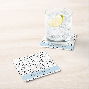 Posavasos Cuadrado De Papel Puntos dálmatas, puntos, negro y blanco, tu nombre