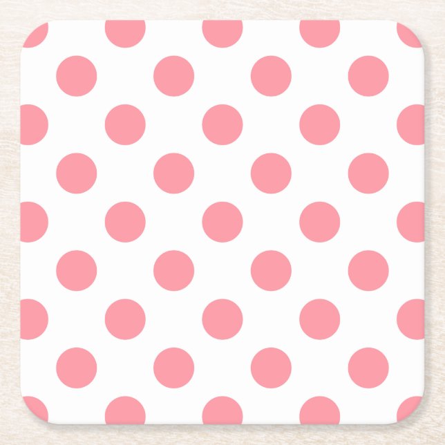 Posavasos Cuadrado De Papel Puntos de polka coral y blanco (Anverso)