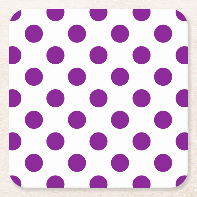 Posavasos Cuadrado De Papel Puntos de polka morado y blanco (Anverso)