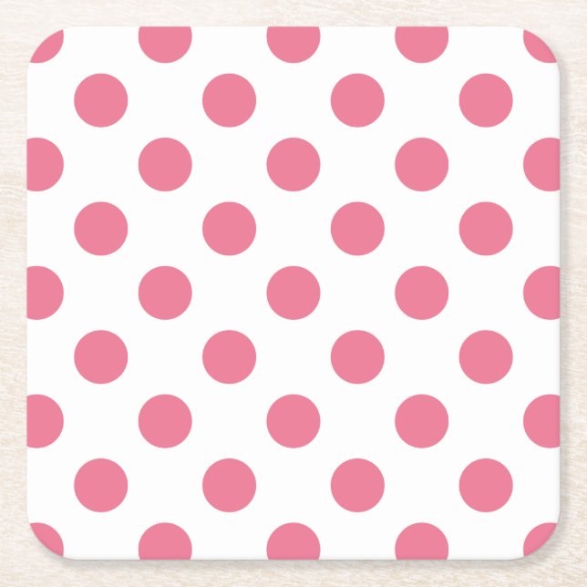 Posavasos Cuadrado De Papel Puntos de polka rosa y blanco (Anverso)