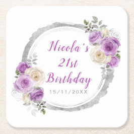 Posavasos Cuadrado De Papel Purple and Silver Elegant Flowers Birthday