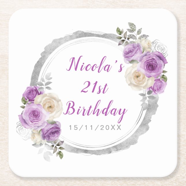 Posavasos Cuadrado De Papel Purple and Silver Elegant Flowers Birthday (Anverso)