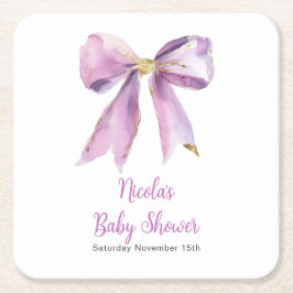 Posavasos Cuadrado De Papel Purple Coquette Bow Baby Shower