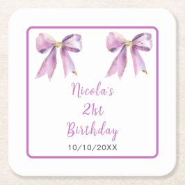 Posavasos Cuadrado De Papel Purple Coquette Bow Birthday Party