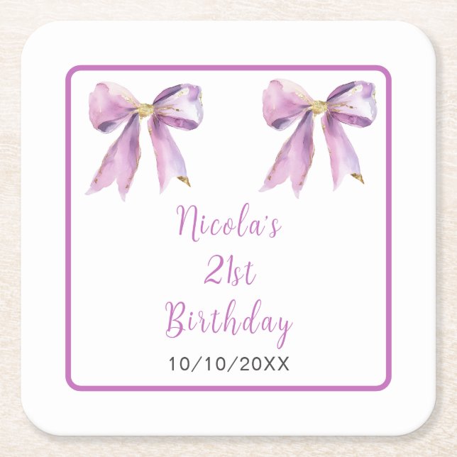 Posavasos Cuadrado De Papel Purple Coquette Bow Birthday Party (Anverso)