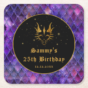 Posavasos Cuadrado De Papel Purple Dragon Scales Gold Faux Purpurina Cumpleaño