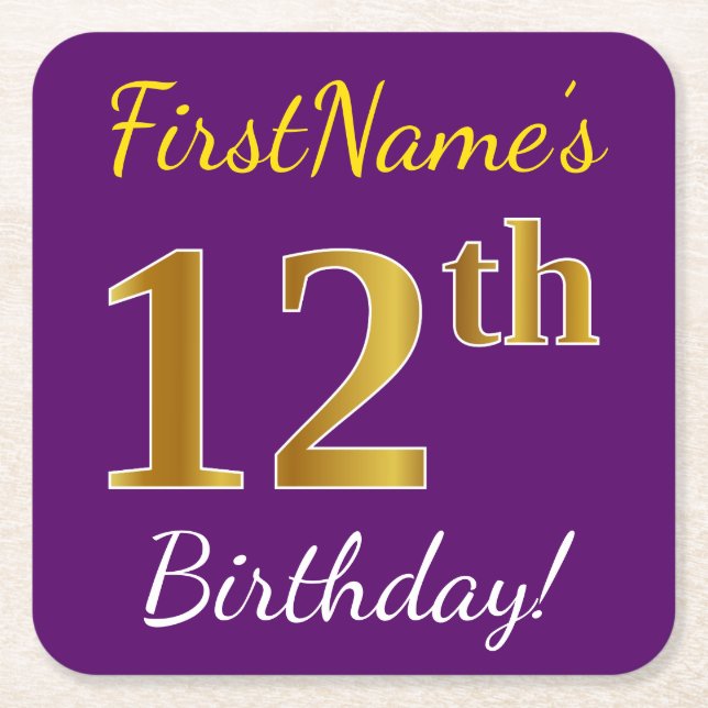Posavasos Cuadrado De Papel Purple, Faux Gold 12th Birthday + Custom Name (Anverso)