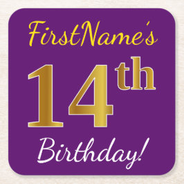 Posavasos Cuadrado De Papel Purple, Faux Gold 14th Birthday + Custom Name