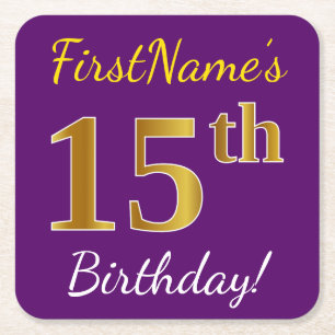 Posavasos Cuadrado De Papel Purple, Faux Gold 15th Birthday + Custom Name