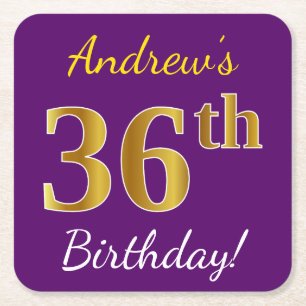 Posavasos Cuadrado De Papel Purple, Faux Gold 36th Birthday + Custom Name