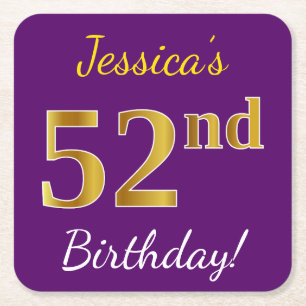 Posavasos Cuadrado De Papel Purple, Faux Gold 52nd Birthday + Nombre personali