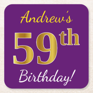 Posavasos Cuadrado De Papel Purple, Faux Gold 59th Birthday + Custom Name
