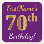 Posavasos Cuadrado De Papel Purple, Faux Gold 70th Birthday   Custom Name<br><div class="desc">Este sencillo diseño de montaña rusa de papel muestra un mensaje como "¡Cumpleaños 70 de FirstName!", donde el "70" tiene un aspecto de color falso/imitación de oro, en un fondo morado. El nombre se puede personalizar. Las galletitas de papel personalizadas como estas podrían ser usadas en una fiesta de cumpleaños...</div>