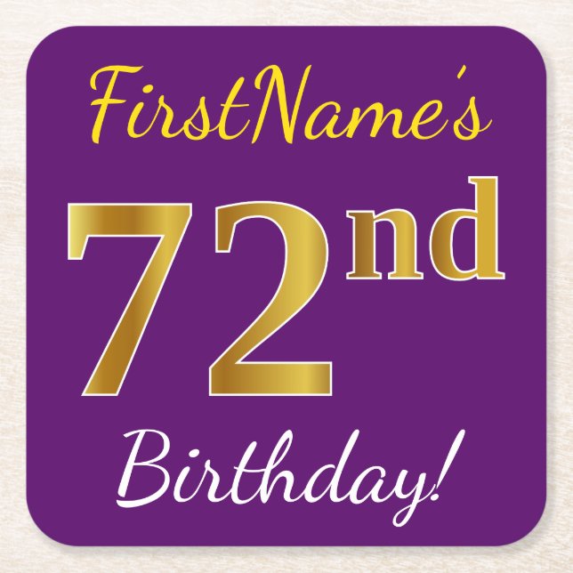 Posavasos Cuadrado De Papel Purple, Faux Gold 72nd Birthday + Nombre personali (Anverso)