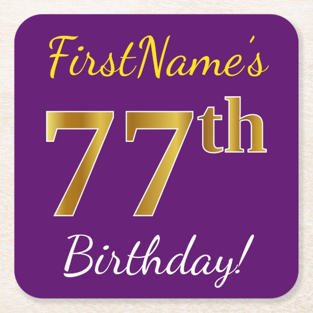 Posavasos Cuadrado De Papel Purple, Faux Gold 77th Birthday + Custom Name (Anverso)
