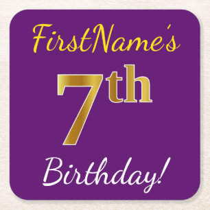 Posavasos Cuadrado De Papel Purple, Faux Gold 7Cumpleaños + Nombre Personaliza