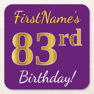 Posavasos Cuadrado De Papel Purple, Faux Gold 83rd Birthday + Custom Name