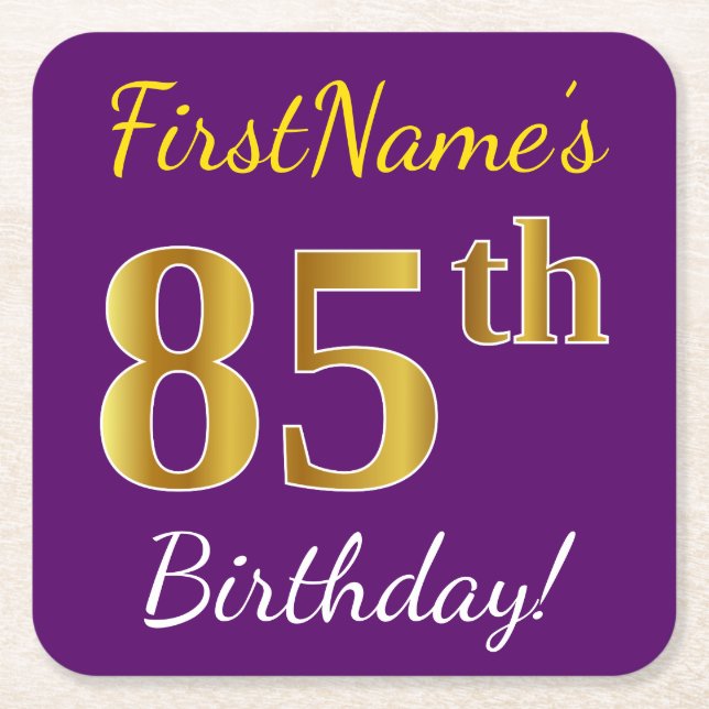 Posavasos Cuadrado De Papel Purple, Faux Gold 85th Birthday + Custom Name (Anverso)
