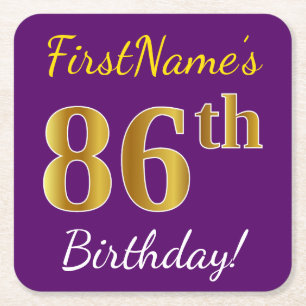 Posavasos Cuadrado De Papel Purple, Faux Gold 86th Birthday + Custom Name