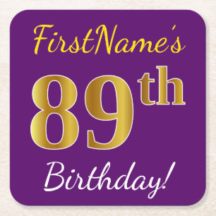 Posavasos Cuadrado De Papel Purple, Faux Gold 89th Birthday + Custom Name