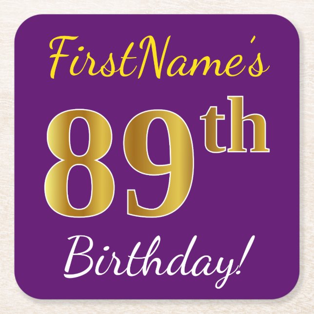 Posavasos Cuadrado De Papel Purple, Faux Gold 89th Birthday + Custom Name (Anverso)
