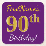 Posavasos Cuadrado De Papel Purple, Faux Gold 90th Birthday   Custom Name<br><div class="desc">Este sencillo diseño de montaña rusa de papel muestra un mensaje como "¡Cumpleaños 90 de FirstName!", donde el "90" tiene un aspecto de color falso/imitación de oro, en un fondo morado. El nombre se puede personalizar. Las galletitas de papel personalizadas como estas podrían ser usadas en una fiesta de cumpleaños...</div>