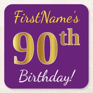 Posavasos Cuadrado De Papel Purple, Faux Gold 90th Birthday + Custom Name