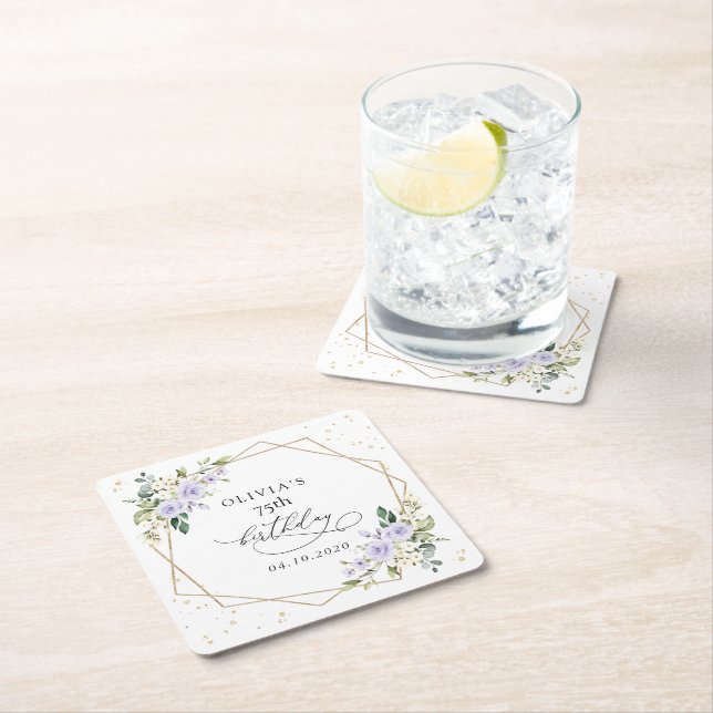 Posavasos Cuadrado De Papel Purple Flowers, White Flowers, Greenery, Birthday (In situ)