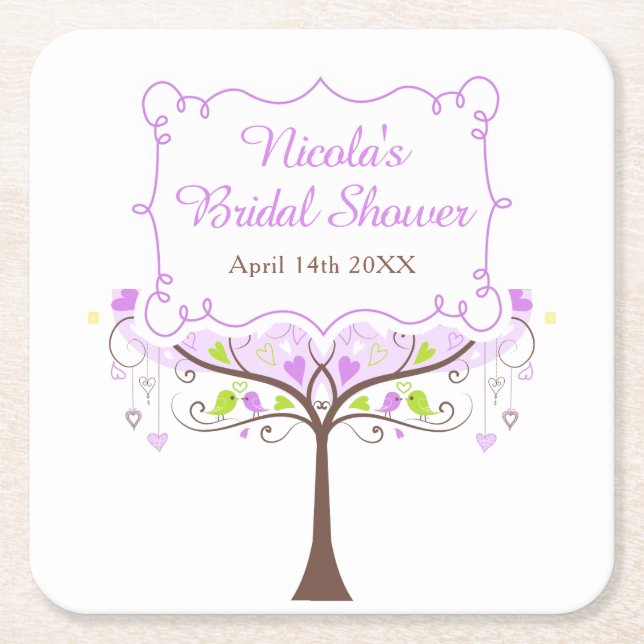 Posavasos Cuadrado De Papel Purple & Green Floral Bird Bridal Shower  (Anverso)