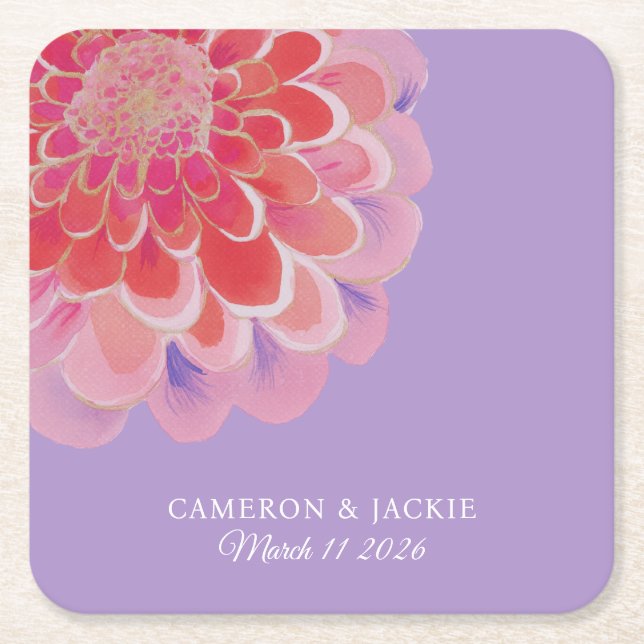 Posavasos Cuadrado De Papel Purple Zinnia Summer Wedding (Anverso)
