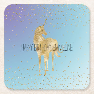 Posavasos Cuadrado De Papel Púrpura Aqua Gold Sparkle Unicorn