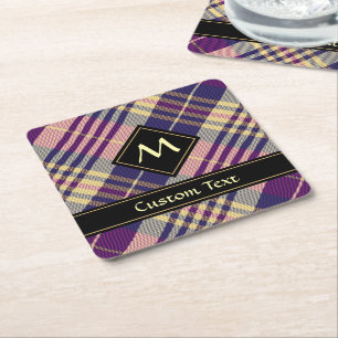 Posavasos Cuadrado De Papel Púrpura, dorada y azul Tartán
