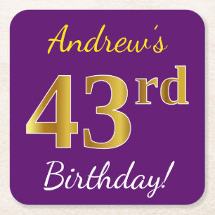 Posavasos Cuadrado De Papel Púrpura, Faux Gold 43 cumpleaños + nombre personal