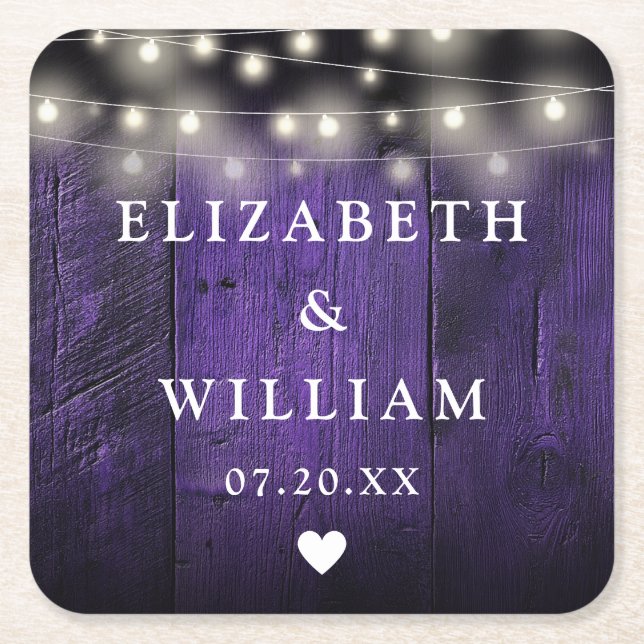 Posavasos Cuadrado De Papel Púrpura String ilumina el Boda de Boho Barn de Mad (Anverso)